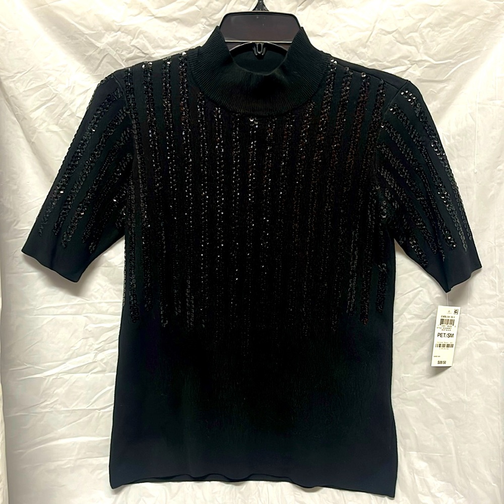 NWT Black sequin embellished short sleeve sweater.